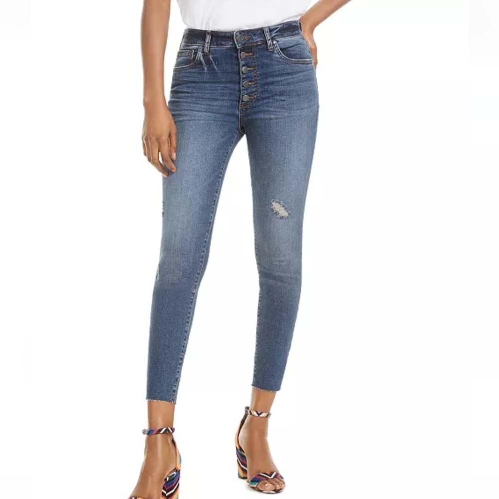 Kut from the Kloth Donna High Rise Ankle Button Fly Raw Hem Skinny Jeans Size 6